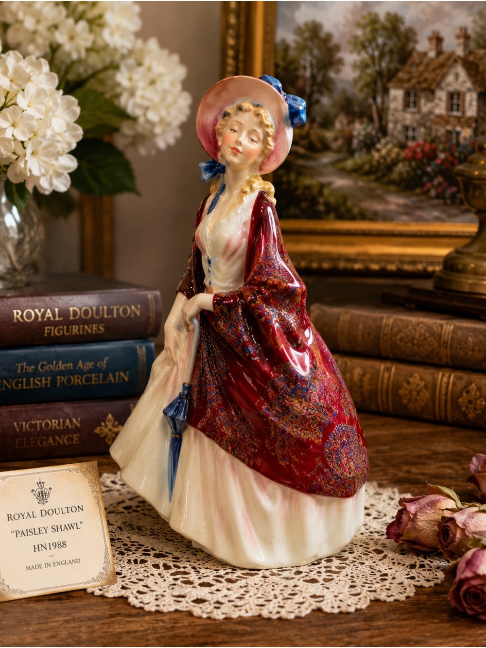 Royal Doulton Porcelain Figurine with Cream Dress and Deep Red Paisley Shawl